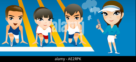 Two boys and a girl kneeling on a running track with a woman holding a gun Stock Photo