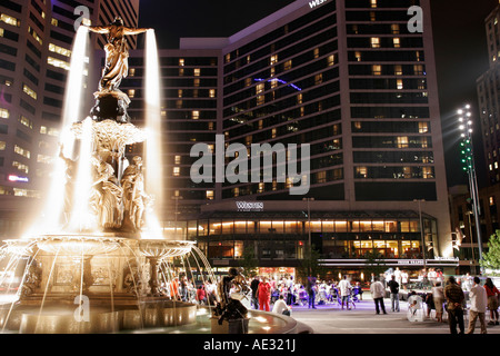 Cincinnati Ohio,Fountain Square,statue,Westin,hotel hotels lodging inn motel motels,crowd,night concert,visitors travel traveling tour tourist tourism Stock Photo