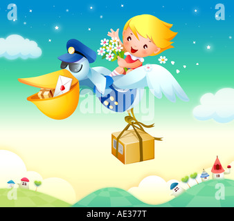 Girl flying on a bird and holding bunch of flowers Stock Photo