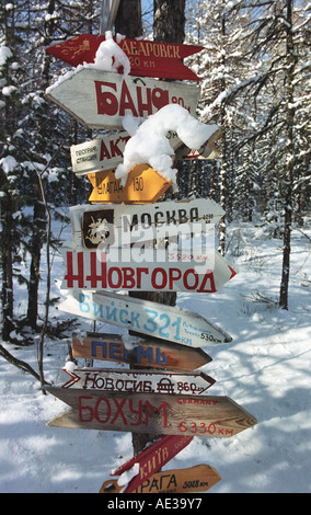 Pole with arrows pointing direction from the alpinist camp Aktru to other geographical points. Altai. Siberia. Russia Stock Photo