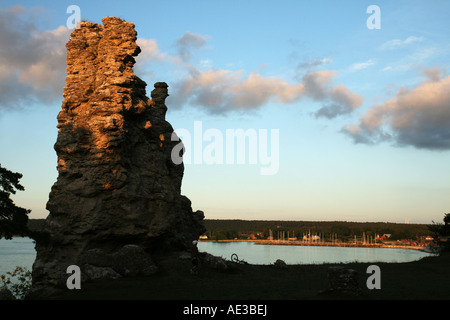 Natural seastacks in Gotland called Rauks. This Rauk is called Jungfrun and is the highest one in Gotland, Sweden Stock Photo