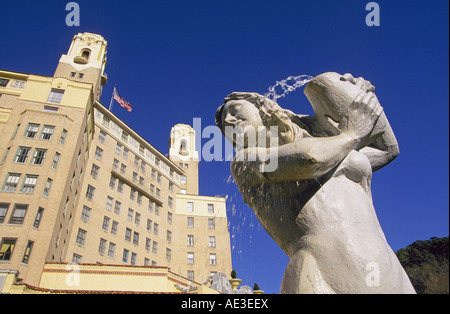 A view of Mother Nature Statue adjacent to the historic Arlington Hotel along Bath House Row in Hot Springs National Park, Arkansas. Stock Photo