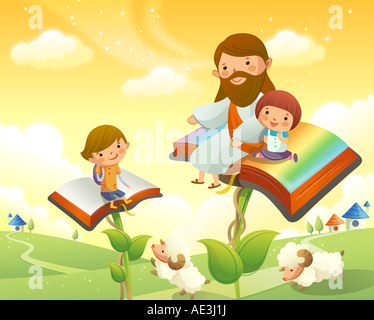 Jesus Christ sitting with two children on books Stock Photo