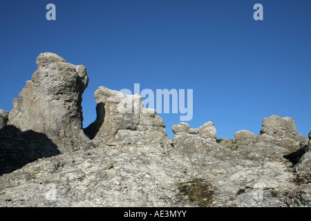 Natural seastacks in Fårö, Gotland called Rauks. These are at Digerhuvud Stock Photo