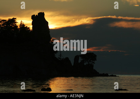 Natural seastacks in Gotland called Rauks. This Rauk is called Jungfrun and is the highest one in Gotland Stock Photo