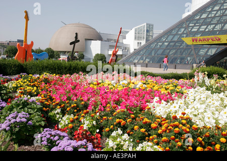 Ohio Cuyahoga County,Cleveland,Rock & Roll Hall of Fame,flower garden,entrance,front,Omnimax Theater,theatre,OH070730025 Stock Photo