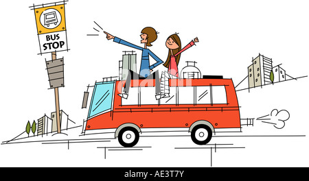 Two people traveling on the roof of a bus Stock Photo