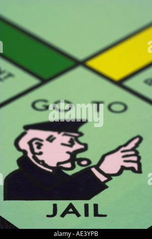 vertical photo of monopoly game board showing go to jail square Stock Photo
