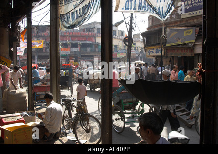 People and vehicles in the spice market, Chandni Chowk Bazaar, Old Delhi, Delhi, India, Asia Stock Photo