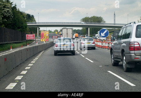 Drivers eye view of the busy A1 road driving through roadworks in the UK Stock Photo