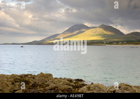 Croagh Patrick mountain and Clew Bay, from Old Head, County Mayo, Connacht, Republic of Ireland, Europe Stock Photo