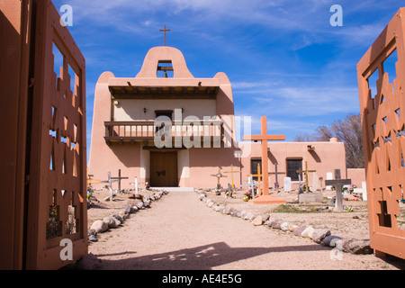 The church in a native indian town San Il Defonso Pueblo near Santa Fe in New Mexico Stock Photo