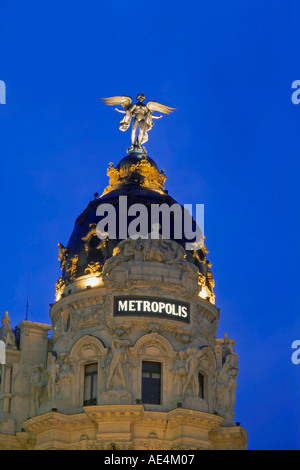 Madrid Gran Via Metropolis building angel twilight Stock Photo