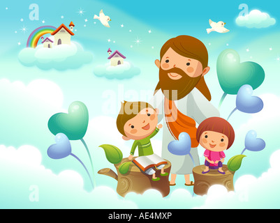Jesus Christ with two children on the cloud Stock Photo