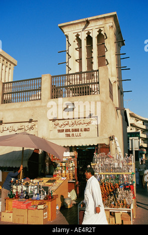 Windtower overlooks Deira Old Souk and Spice Souk, Deira, Dubai, United Arab Emirates, Middle East Stock Photo