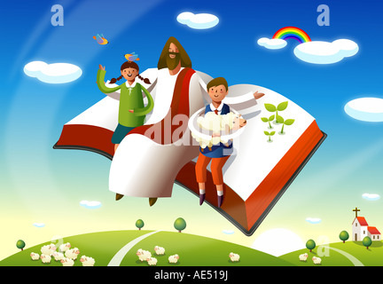 Jesus Christ sitting with sheep and a boy Stock Photo - Alamy