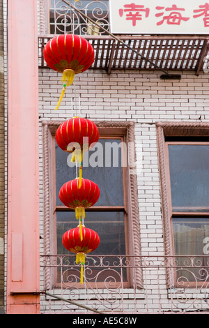 Red lanterns hanging across Grant Avenue Chinatown San Francisco California Stock Photo