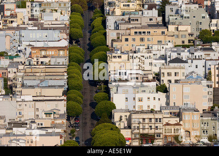 North Beach residential neighborhood on either side of Lombard Street lined with trees San Francisco California Stock Photo