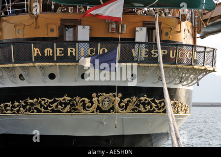 Stern of Amerigo Vespucci school ship. Stock Photo