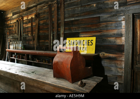 General store preserved at Garnet Ghost Town in Montana with cash register and sandwiches sign Stock Photo