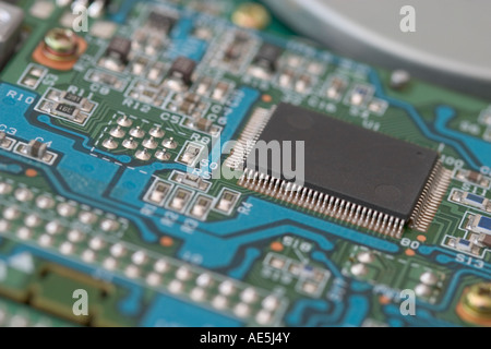 Colorful patterns on a hard disk circuit board Stock Photo