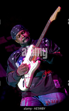 BUDDY GUYS lead guitar player at the MONTEREY BAY BLUES FESTIVAL winning the Bluesman of the Year award MONTEREY CALIFORNIA Stock Photo