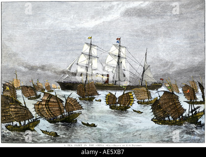 Fleet of tea ships in the China Sea 1880s. Hand-colored woodcut Stock Photo