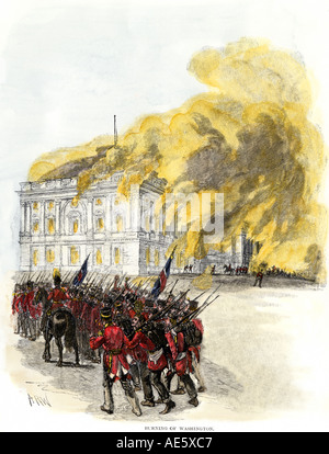 British army burning the White House in 1814 during the War of 1812. Hand-colored woodcut Stock Photo