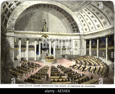 John Quincy Adams defending the right of petition in Congress. Hand-colored woodcut Stock Photo
