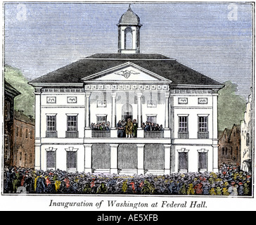 Federal Hall New York during George Washington inauguration as first US President 1789. Hand-colored woodcut Stock Photo