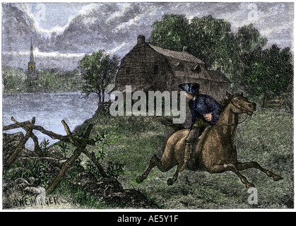Paul Revere seeing two lights in the Old North Church steeple starting his midnight ride to Lexington 1775. Hand-colored woodcut Stock Photo