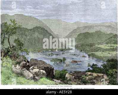 Valley of the Conemaugh River after the great flood at Johnstown Pennsylvania 1889. Hand-colored woodcut Stock Photo