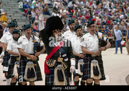 MARCHING BAND in traditional kilts at the SCOTTISH HIGHLAND GAMES MONTEREY CALIFORNIA Stock Photo