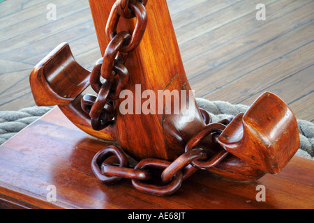 Wooden anchor on Guayas tall ship. Stock Photo