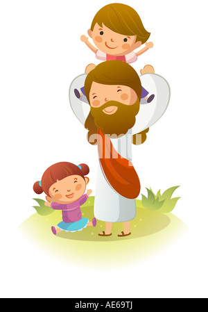 Jesus Christ carrying a boy on his back and people being loved by him ...