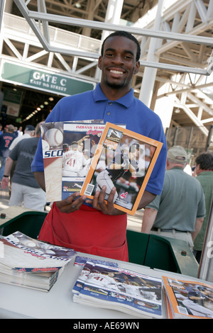 Ohio Cuyahoga County,Cleveland,Jacobs Field,Cleveland Indians baseball,Black man men male,program fan magazine,OH070731121 Stock Photo