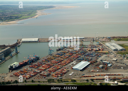 Liverpool Docks, Bootle, Merseyside, North West England, aerial view and the mouth of the Mersey behind Stock Photo