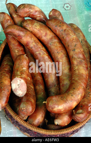 Polish smoked sausages on healthy and natural regional products festival in Poland Stock Photo