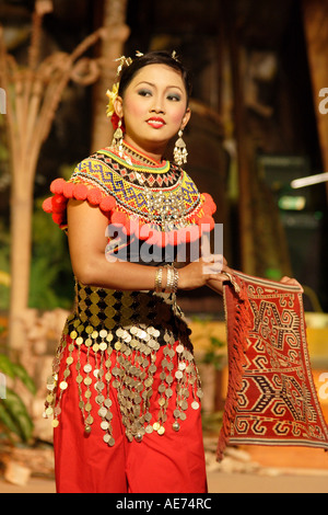 Costumed Performers at the Sarawak Cultural Village Orang Ulu Tribe Dance, Sarawak, Borneo, Malaysia Near Kuching Stock Photo