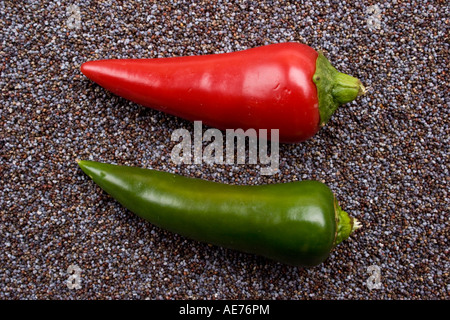 Two red and green chili peppers on blue poppy seeds Stock Photo