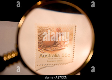Australian Postage Stamp and Magnifying Glass Stock Photo