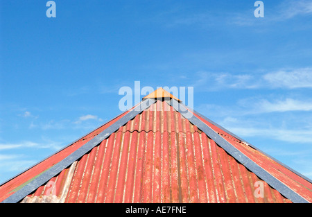 Red corrugated sheet metal roof of garden centre pavilion at Hay Festival Hay on Wye Powys Wales UK Stock Photo