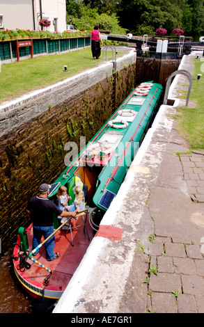 Narrowboat in Brynich Lock on the Monmouthshire and Brecon Canal near Llanfrynach Powys South Wales UK Stock Photo