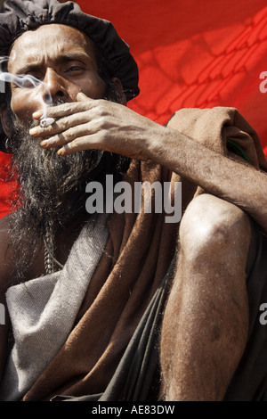 Rasta style Hindi holy man is smoking a joint at the Mahashivratri festival in Nepal 2007 Stock Photo