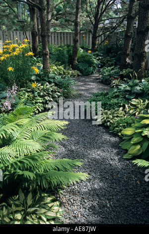PEBBLE GARDEN PATH THROUGH SHADY MINNESOTA HOME GARDEN WITH ASSORTED HOSTAS, ASIATIC LILIES AND OSTRICH FERNS. SUMMER. AMERICA. Stock Photo