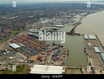 Liverpool Docks, Bootle, Merseyside, North West England, aerial view,with Liverpool behind Stock Photo