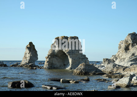 Natural seastacks in Fårö, Gotland, called Rauks, These are at Digerhuvud. Stock Photo