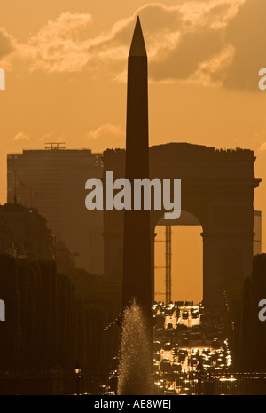 Paris view of Obelisk Champs Elysees and Arc de Triomphe from Tuileries Gardens Stock Photo