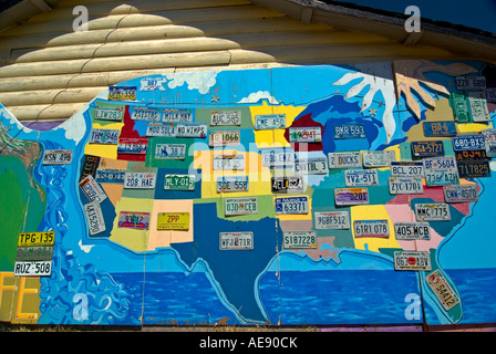 A map of the USA with state license plates, at Two Sisters Restaurant in Babb, Montana Stock Photo