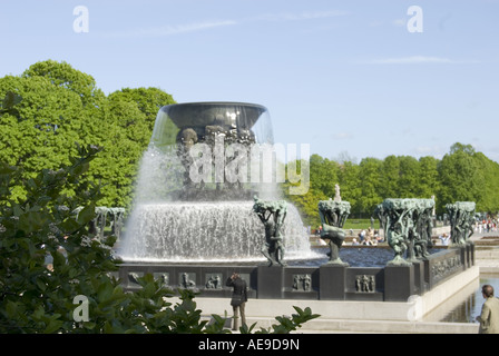 The main fountain in the middle of Frognerparken a well known park made by Gustav Vigeland with lots of statues and monuments. Stock Photo
